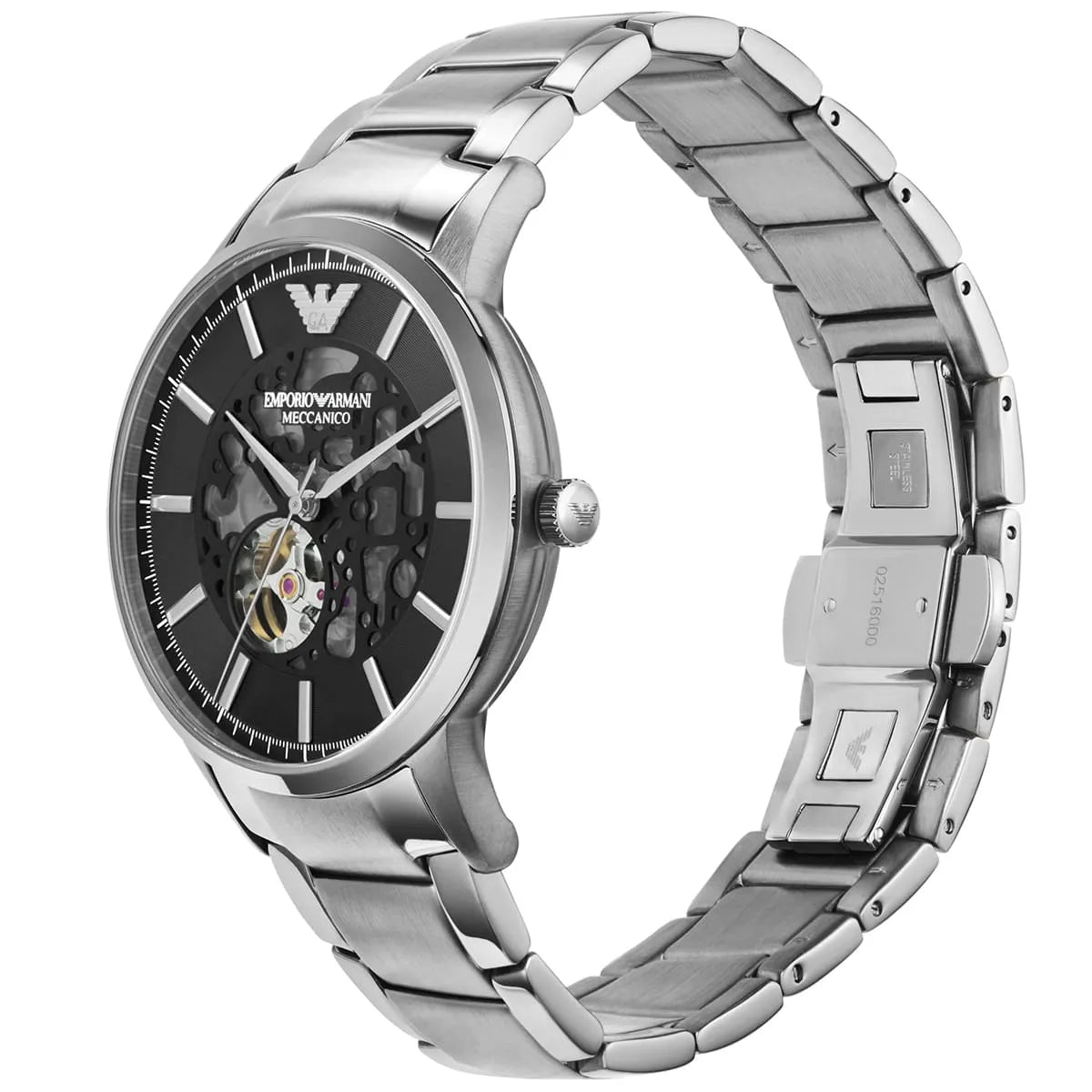 Emporio Armani AR60055 skeleton watch three-quarter view with stainless steel bracelet