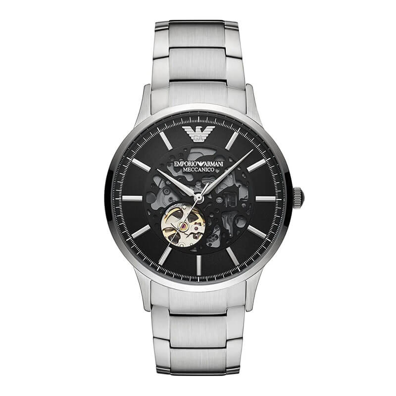 Emporio Armani AR60055 skeleton automatic watch with black dial and stainless steel bracelet