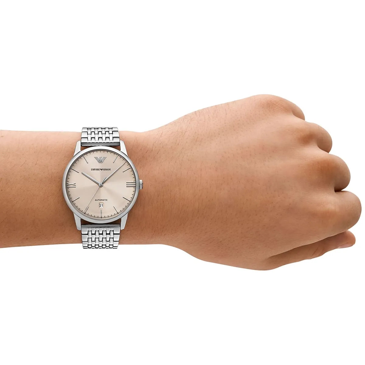 Emporio Armani AR60082 watch worn on wrist showing minimalist dial and metal bracelet