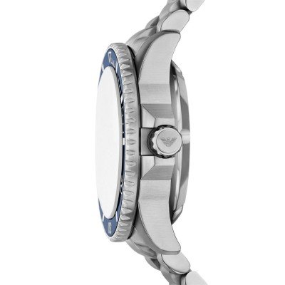 Side profile of Emporio Armani Sea Explorer AR60090 watch showing case thickness and bezel design
