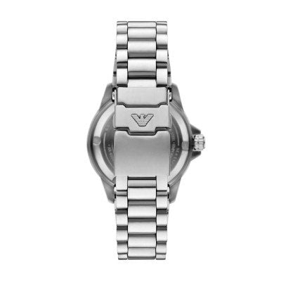 Case back view of Emporio Armani Sea Explorer AR60090 showing Emporio Armani eagle logo