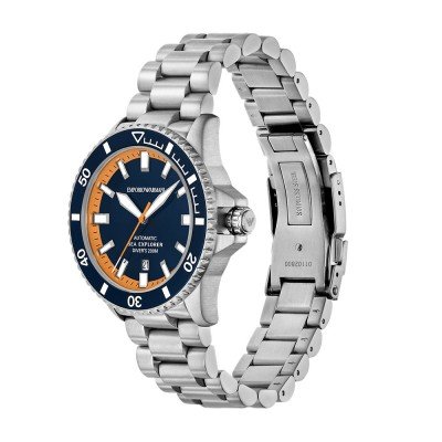 Emporio Armani Sea Explorer AR60090 watch shown from angle with full stainless steel bracelet visible
