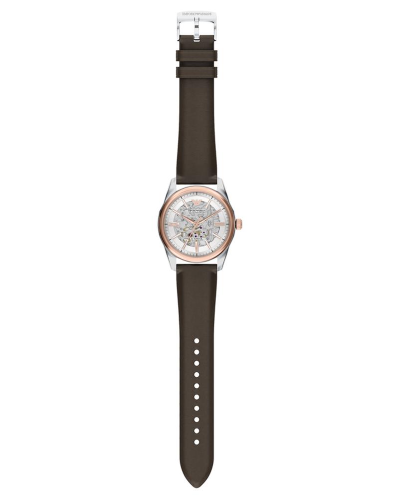 Brown leather strap with pin buckle and visible stitch detail on Emporio Armani watch