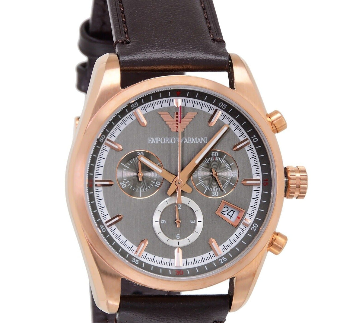 Emporio Armani AR6043 dial detail with three chronograph subdials and date window