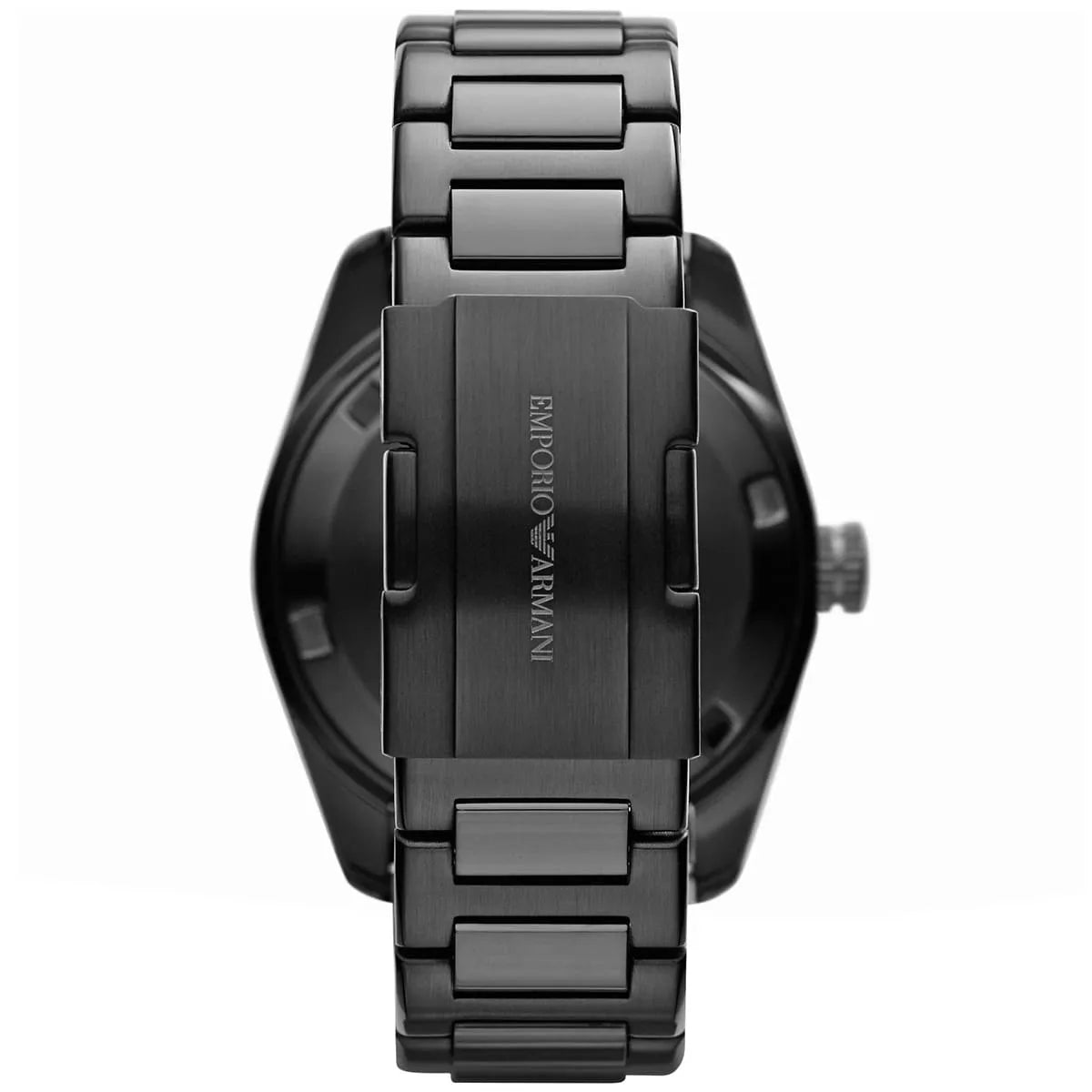 AR6049 Emporio Armani Sportivo watch caseback showing ion-plated steel with engraved text