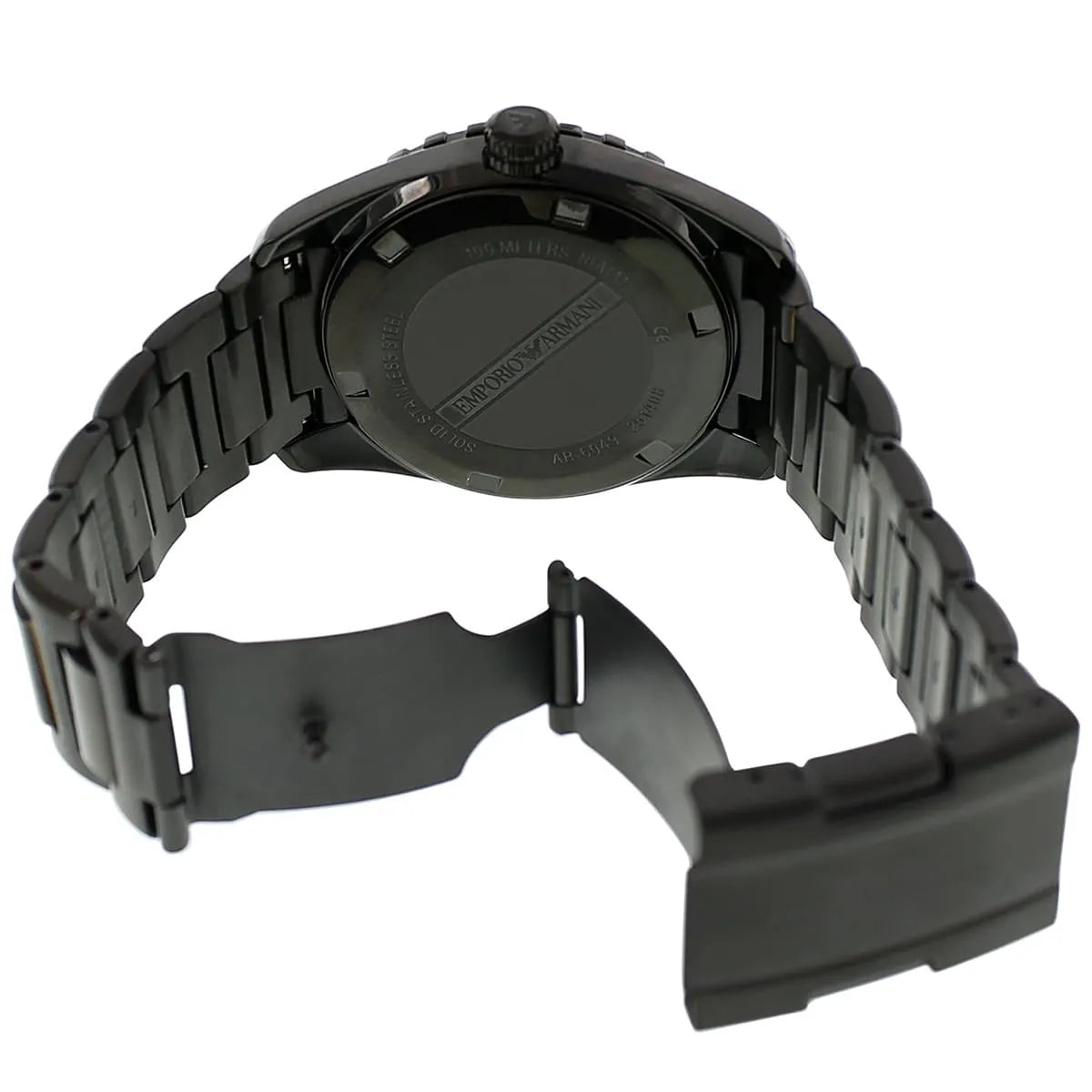 AR6049 Emporio Armani Sportivo watch strap detail showing black ion-plated steel bracelet links
