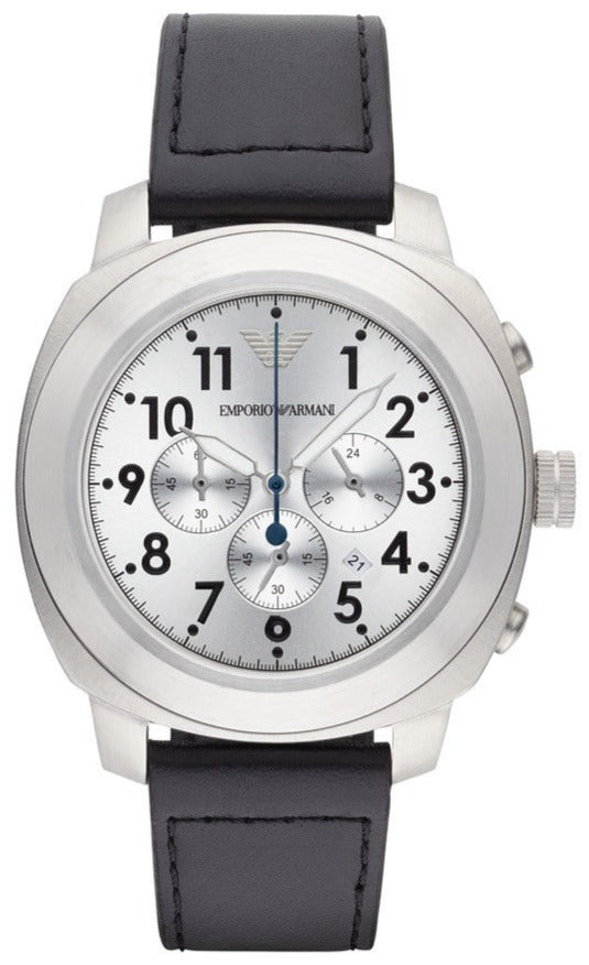 Emporio Armani Chronograph Silver Dial Black Leather Men's Watch - AR6054