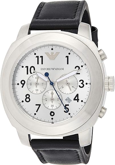 Emporio Armani Chronograph Silver Dial Black Leather Men's Watch - AR6054