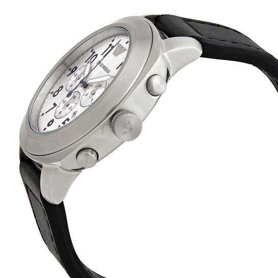 Emporio Armani Chronograph Silver Dial Black Leather Men's Watch - AR6054