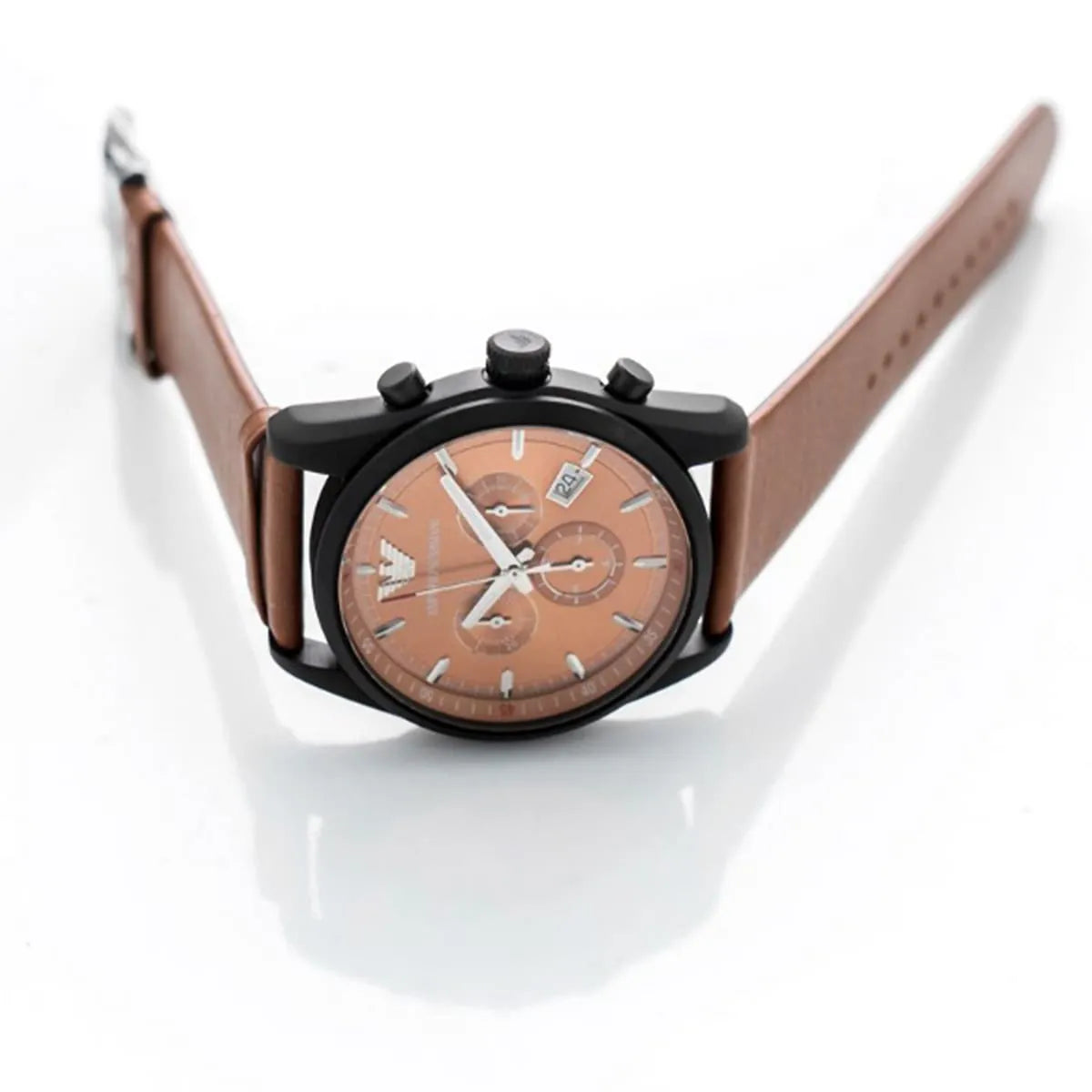 Emporio Armani AR6077 watch displayed at angle showing black case and brown leather strap