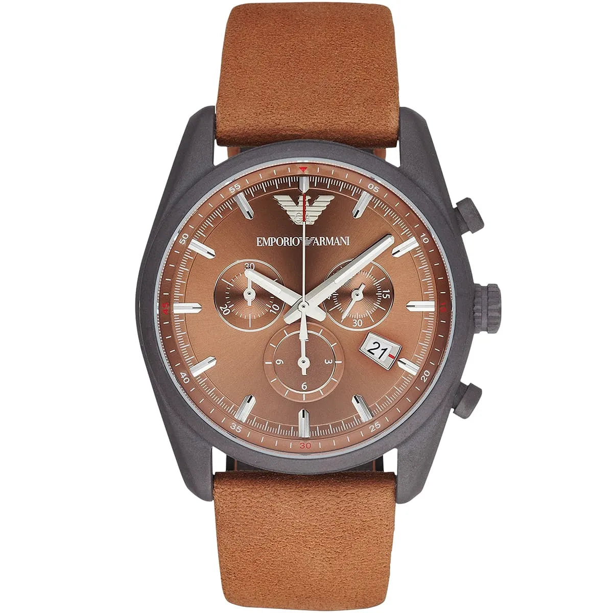 Emporio Armani AR6077 quartz chronograph watch with 43mm brown dial and brown leather strap