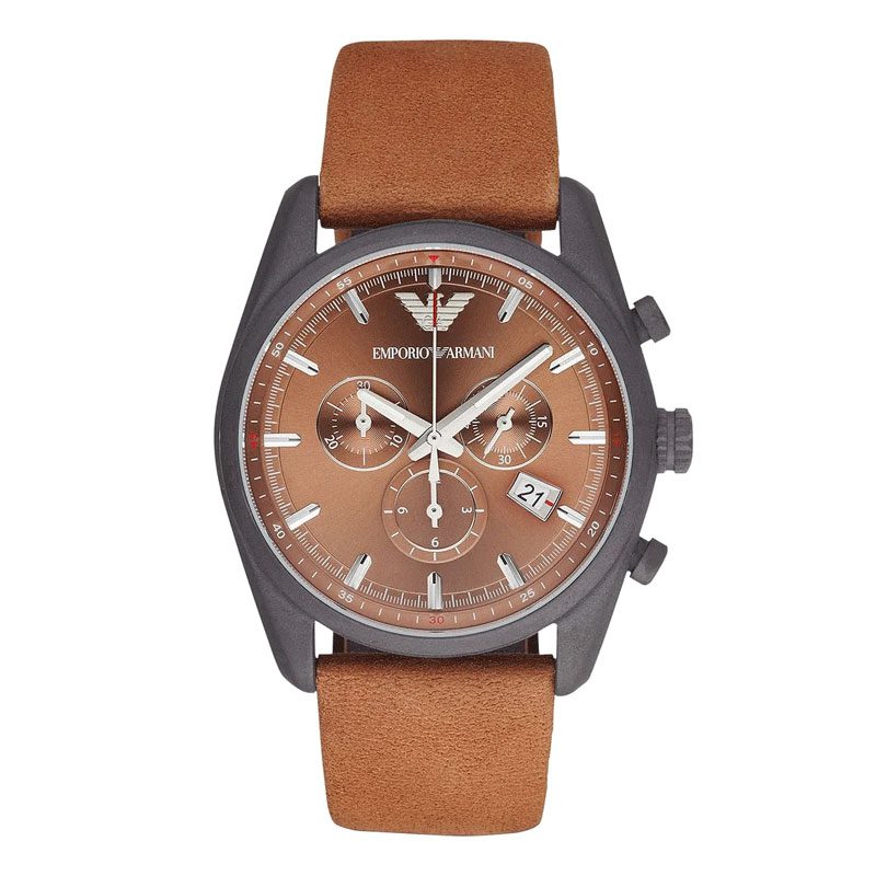 Emporio Armani AR6077 men's chronograph watch with brown dial and brown leather strap