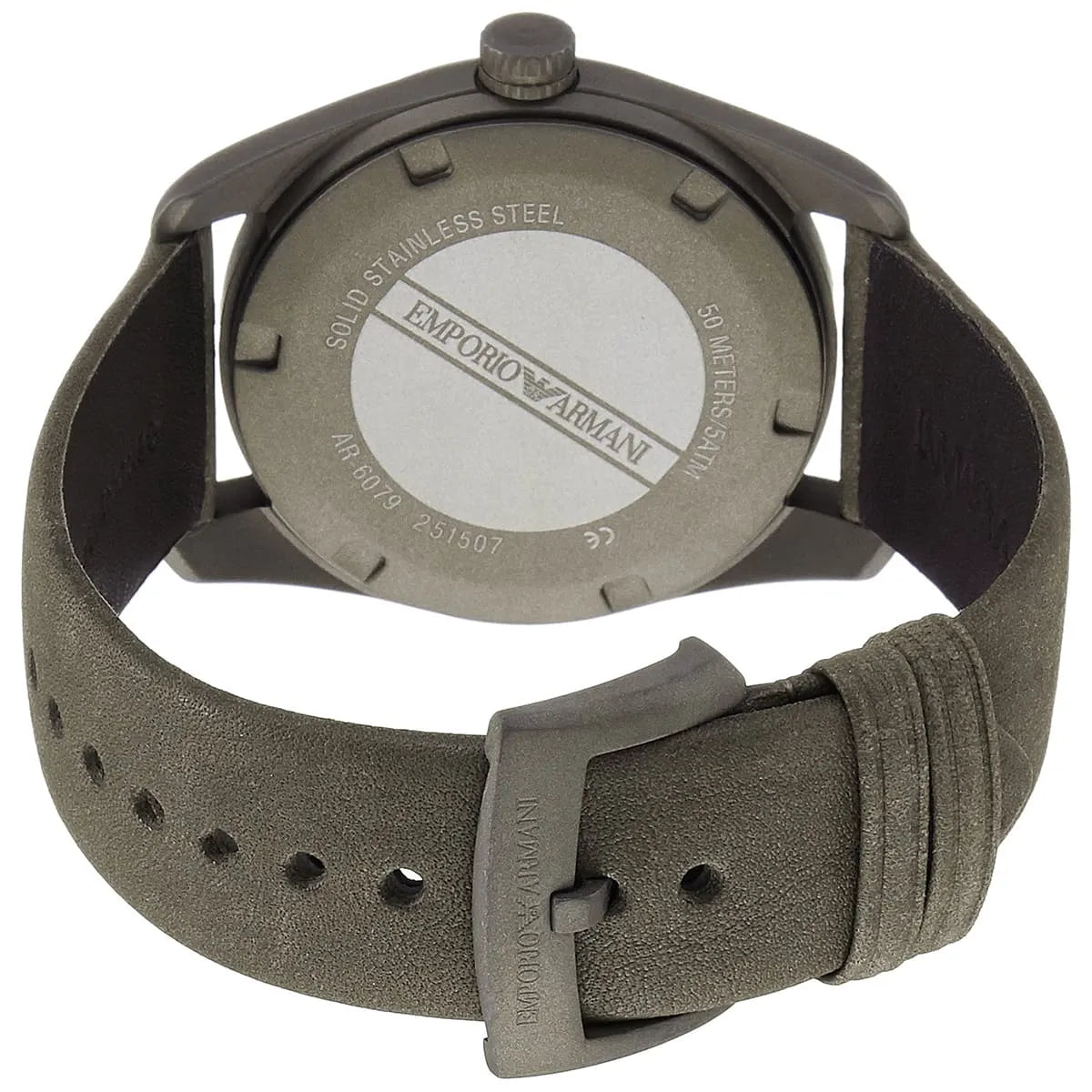 Emporio Armani AR6079 caseback with stainless steel engraving and buckle