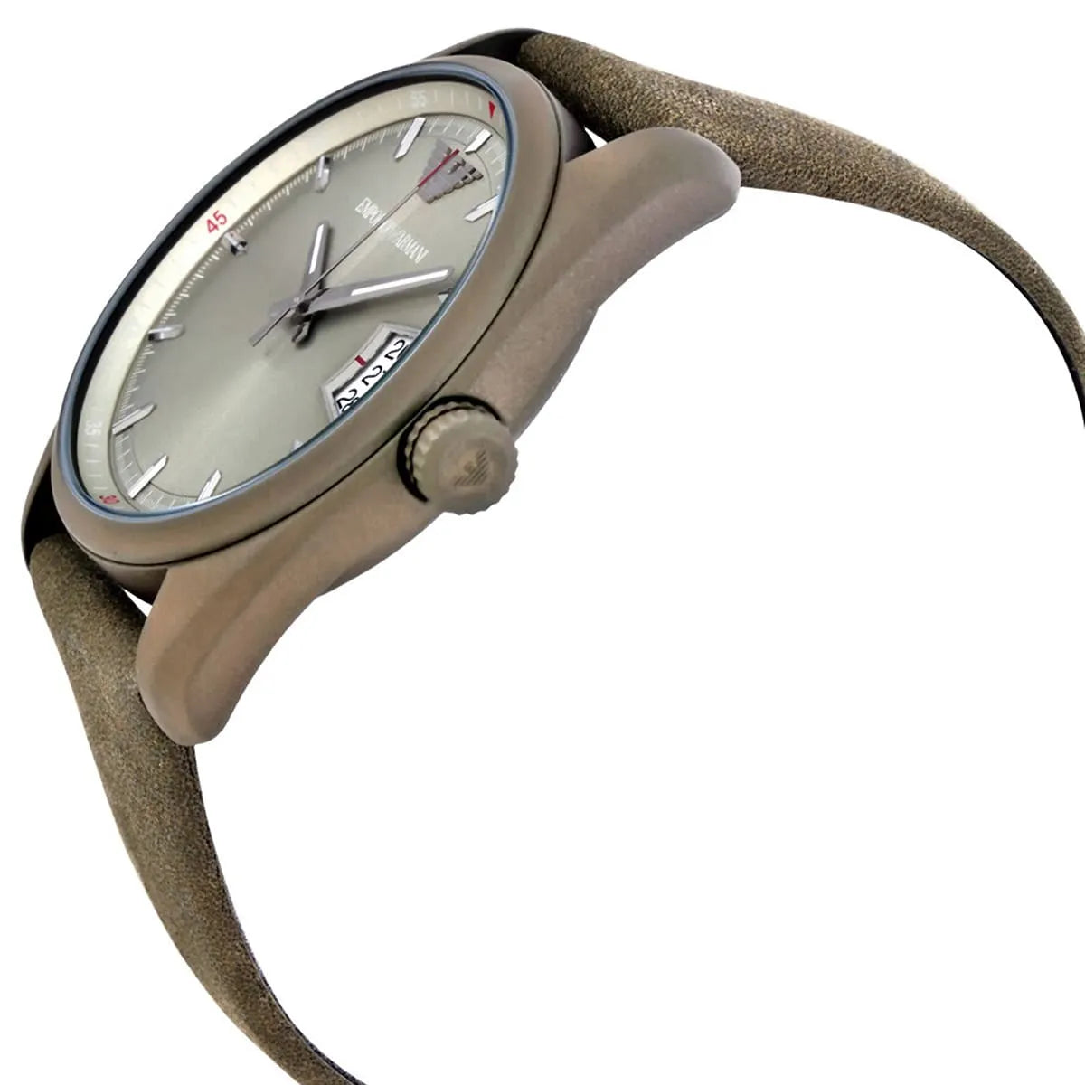 Emporio Armani AR6079 side profile with brown leather strap and case detail