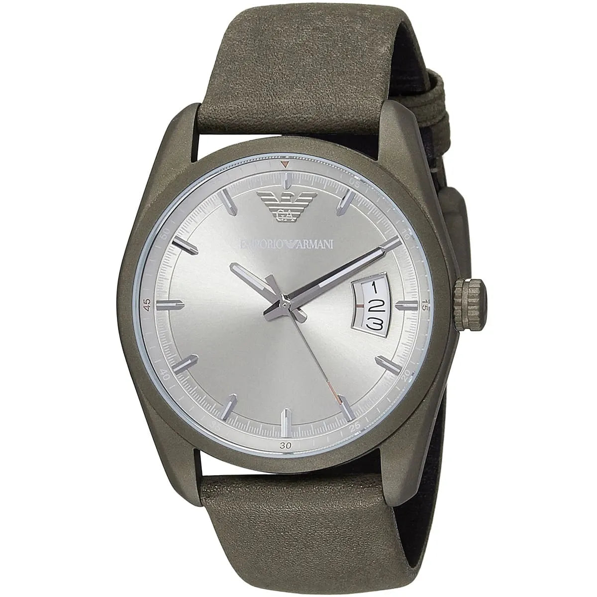 Emporio Armani AR6079 brown watch angled view showing dial and leather strap