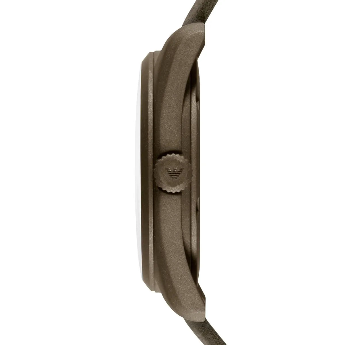 Emporio Armani AR6079 side view showing case profile and leather strap