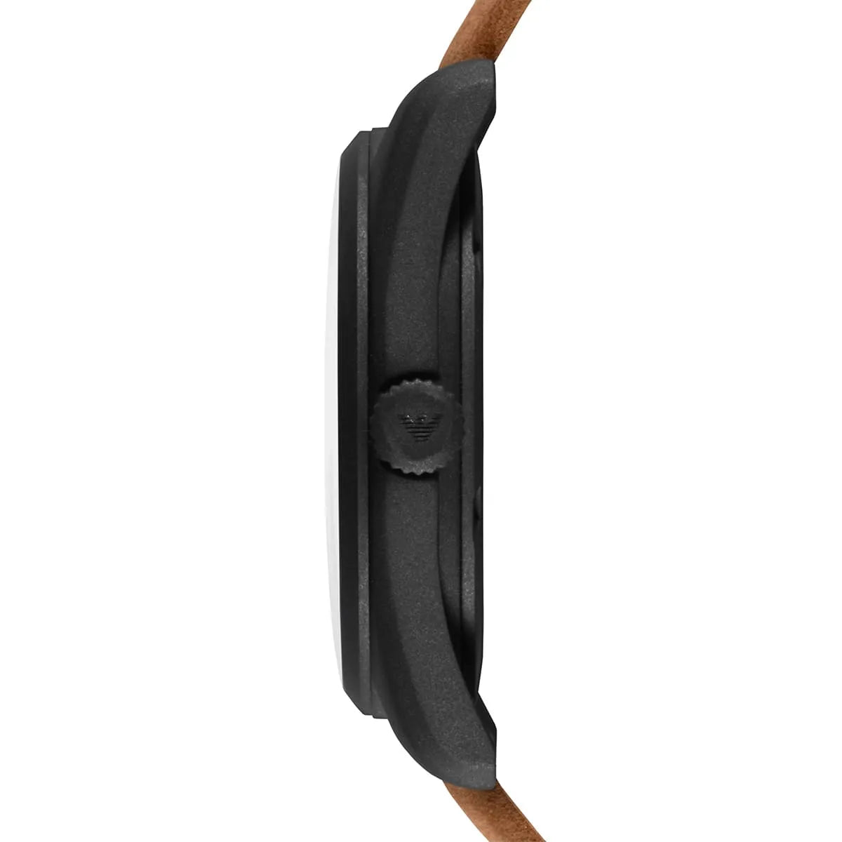 AR6080 side profile view showing black case thickness and brown leather strap