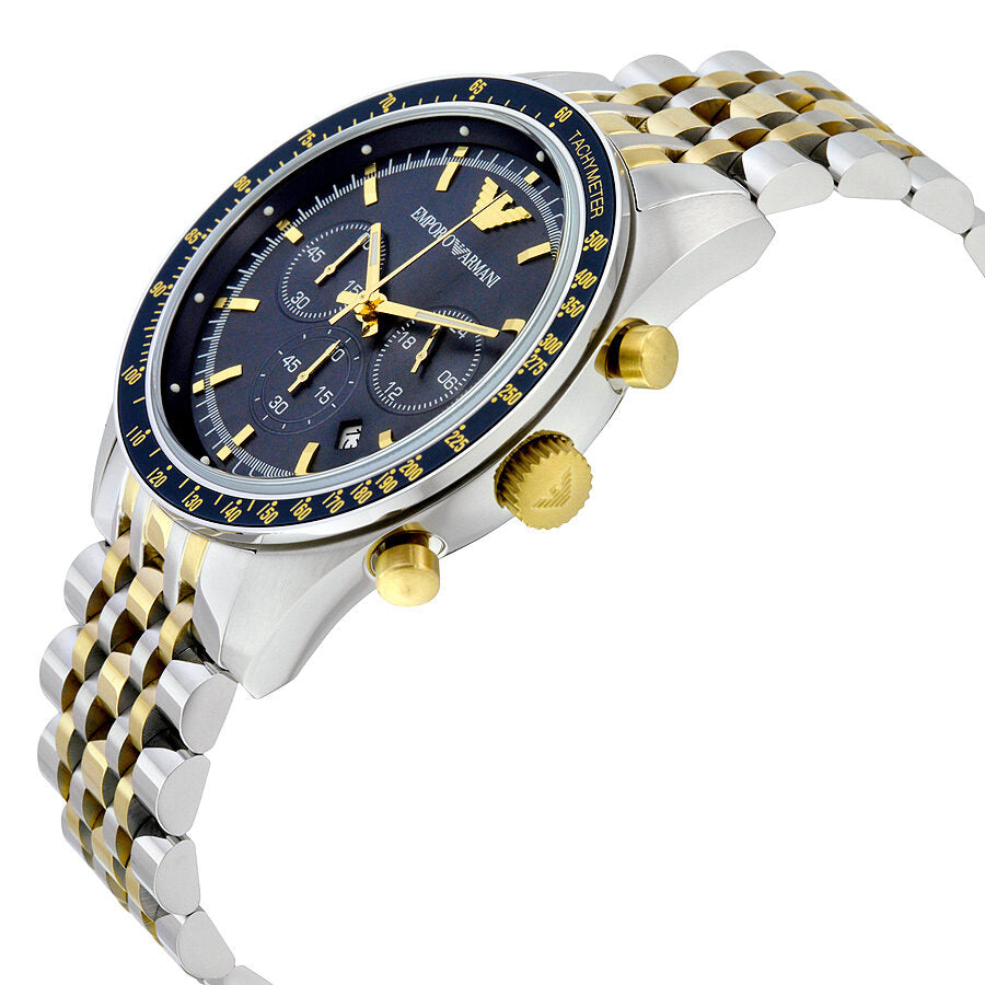 Emporio Armani AR6088 watch at angle showing side profile and two-tone bracelet