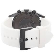 Emporio Armani AR6112 watch with black case and white rubber strap detail view