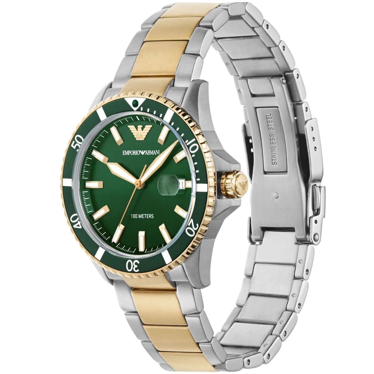 Emporio Armani Diver Chronograph Green Dial Two-Tone Men's Watch AR80063
