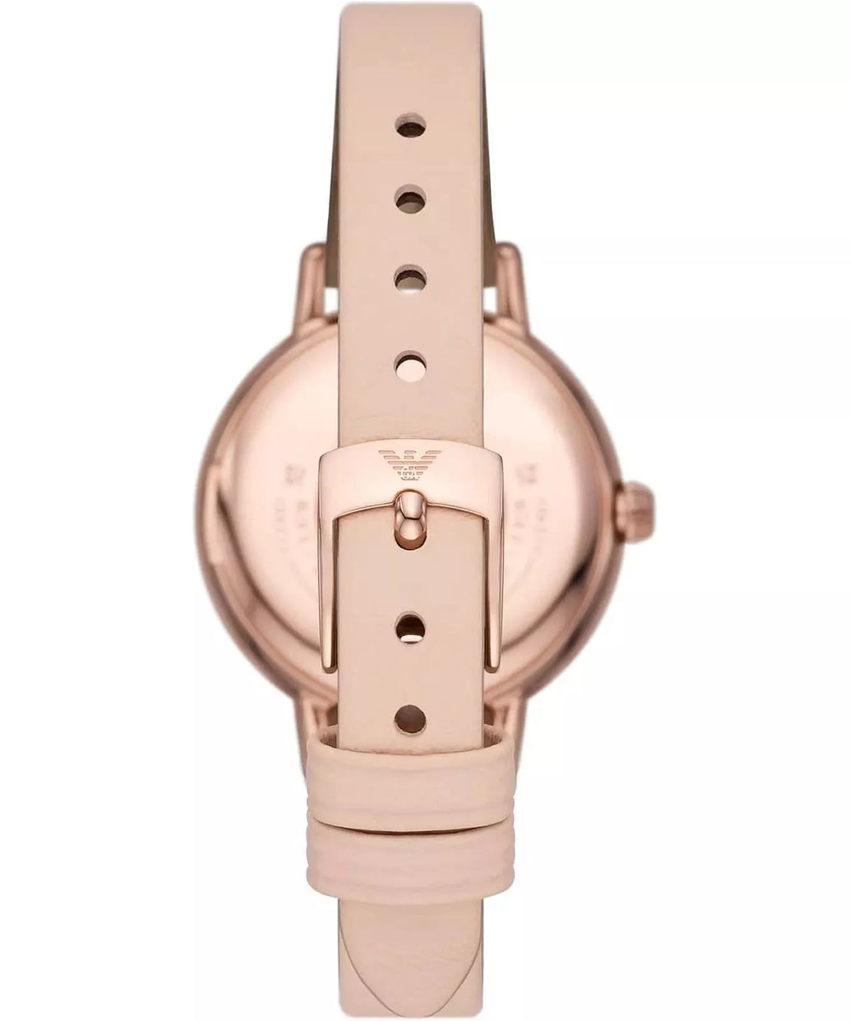 Caseback view of Emporio Armani AR80069 watch with rose gold case and Emporio Armani logo