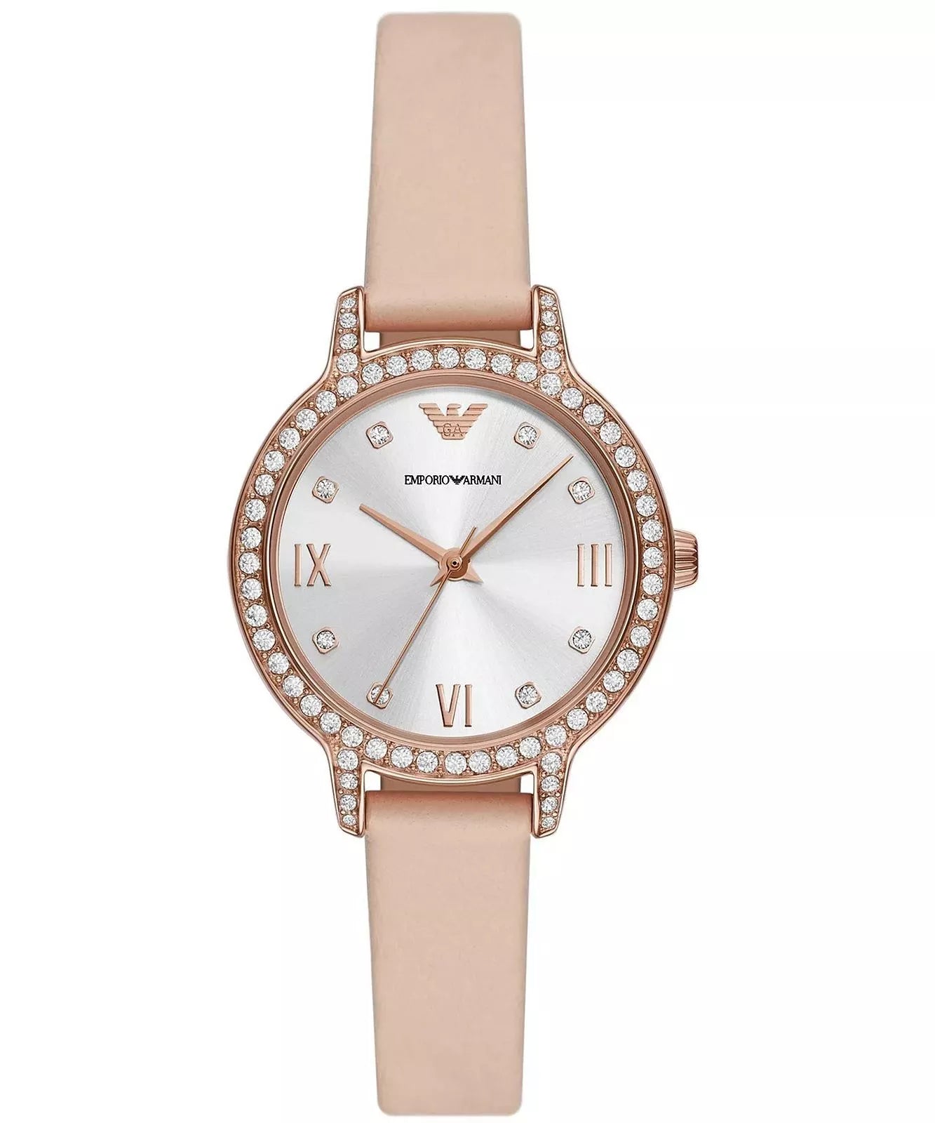 Emporio Armani three-hand women's watch with rose gold case, crystal bezel, white dial, and pink leather strap