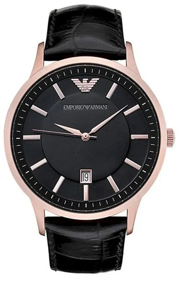 Emporio Armani AR9022 women's watch with rose gold case, black dial and black leather strap