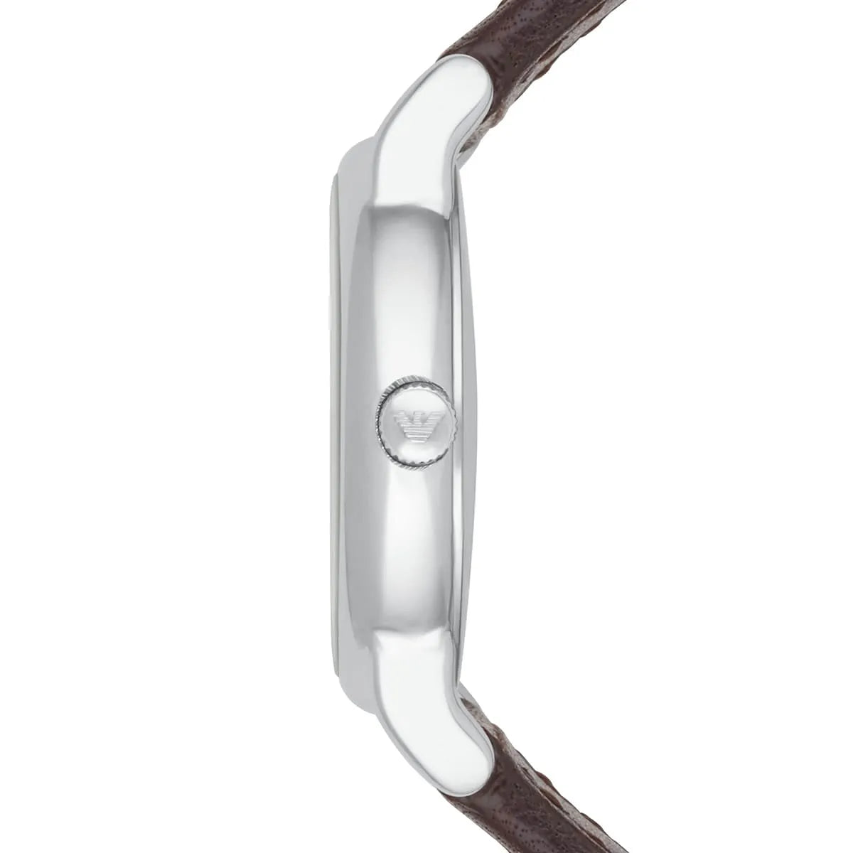 Emporio Armani AR9112L watch side profile showing white dial and brown leather strap