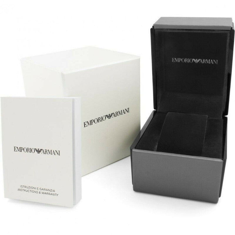 Emporio Armani Aviator Chronograph packaging with black and white boxes