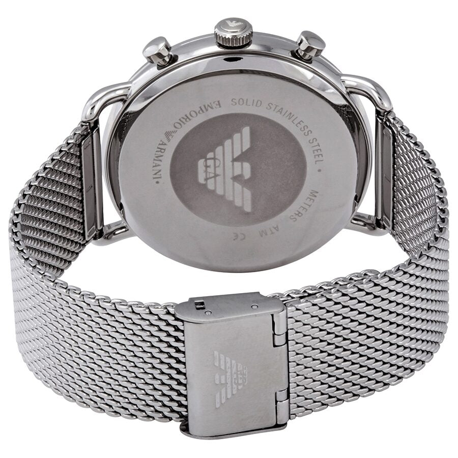 Emporio Armani Aviator Chronograph case back showing stainless steel construction and logo