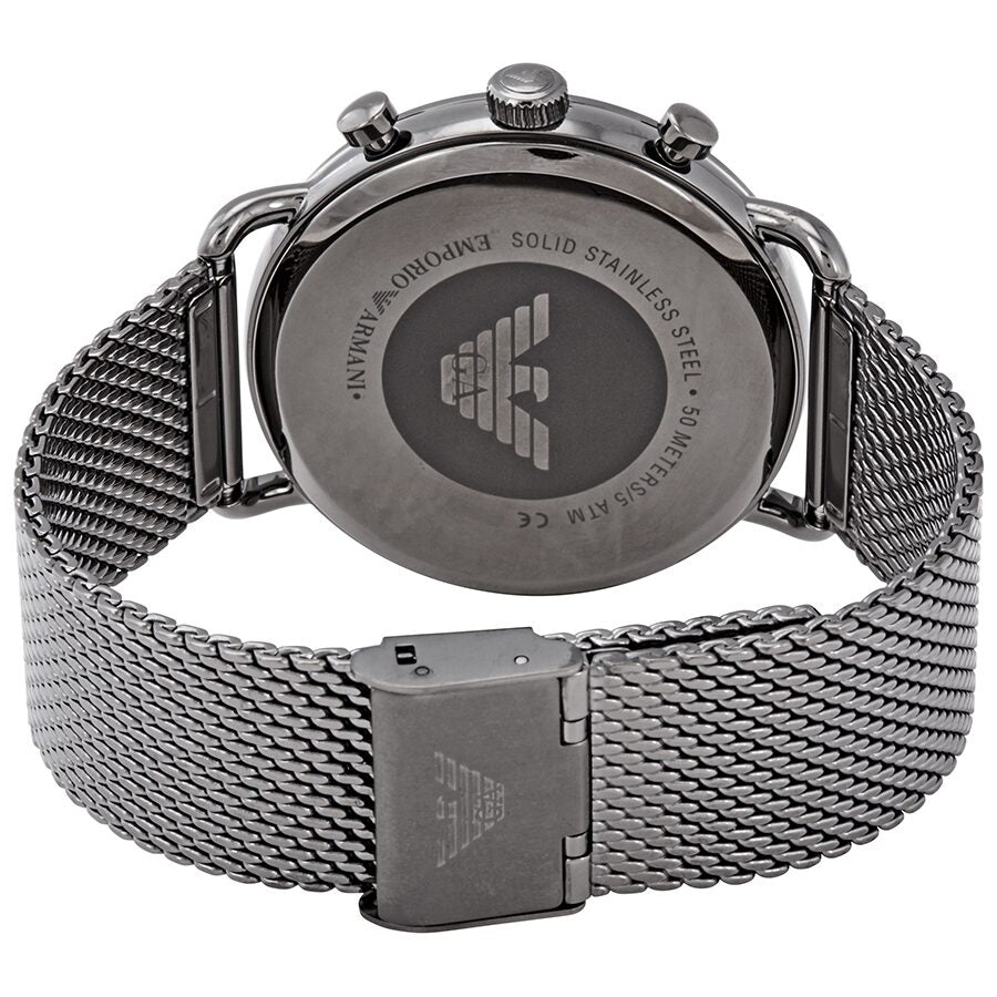 Emporio Armani watch caseback showing solid stainless steel with Eagle logo and model details
