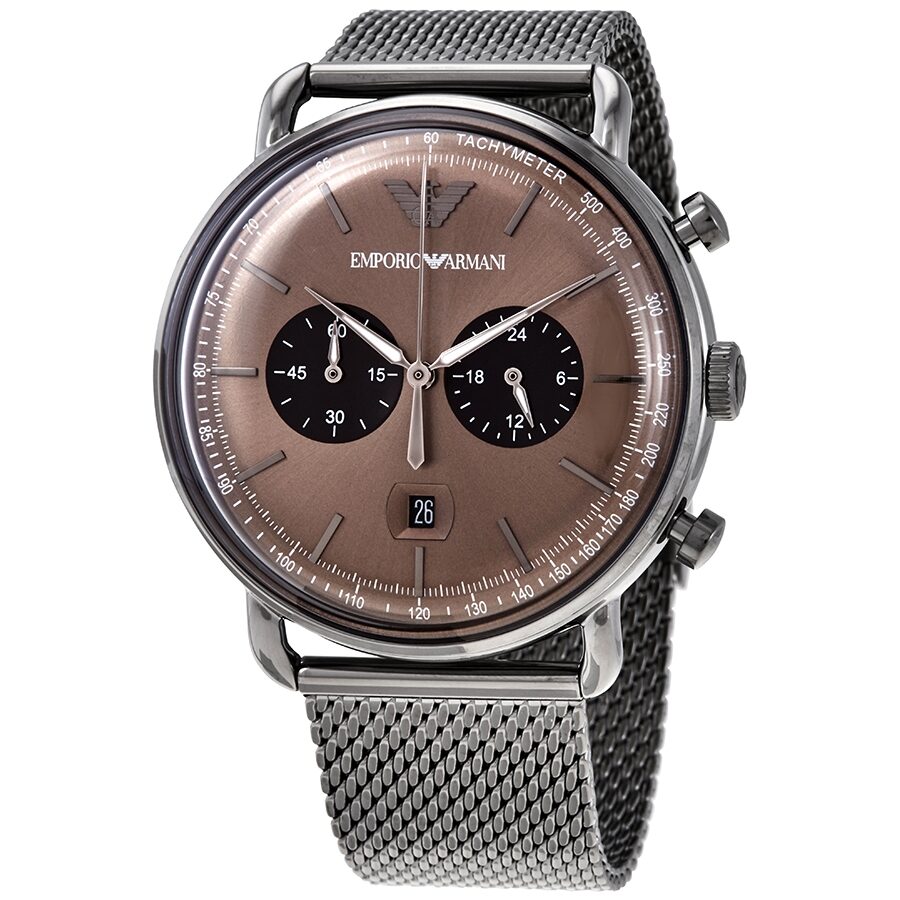 Emporio Armani Aviator chronograph watch with brown dial, black subdials, and silver mesh bracelet