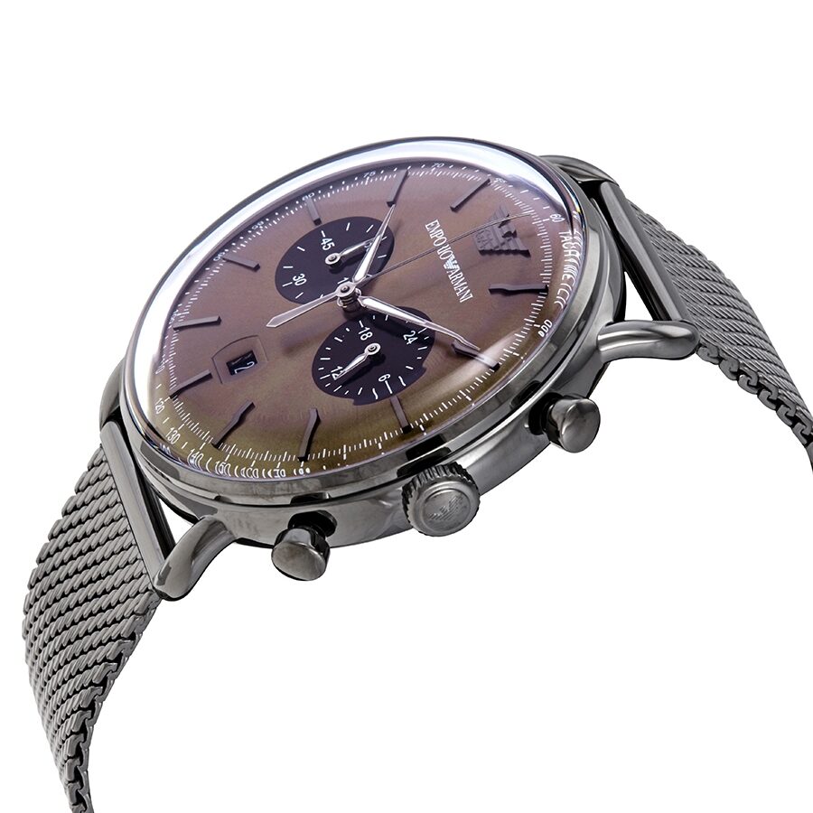 Emporio Armani Aviator watch angled view showing brown dial and chronograph subdials with silver mesh band
