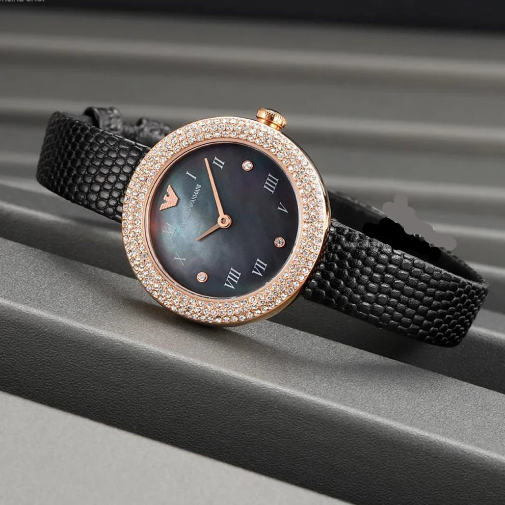 Emporio Armani Aviator Crystals Black Dial Black Strap Watch AR11373