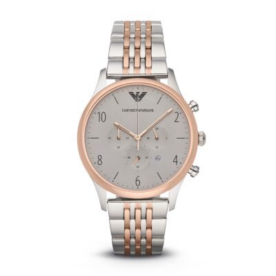 Emporio Armani Beta chronograph watch with grey dial and two-tone bracelet, front view