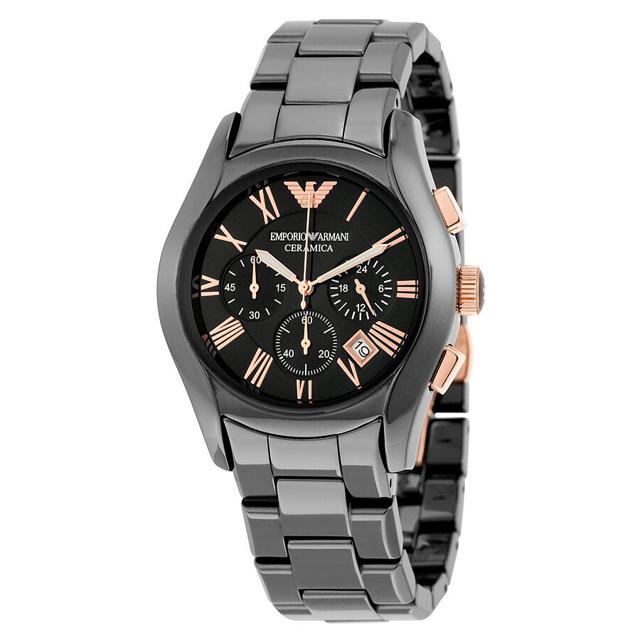 Emporio Armani Ceramica chronograph men's watch with black dial, rose gold hands and indices, ceramic bracelet