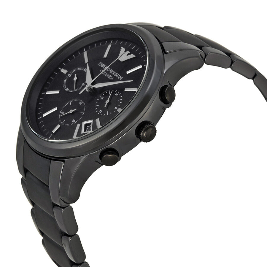 Side view of Emporio Armani Ceramica chronograph showing ceramic strap and pushers