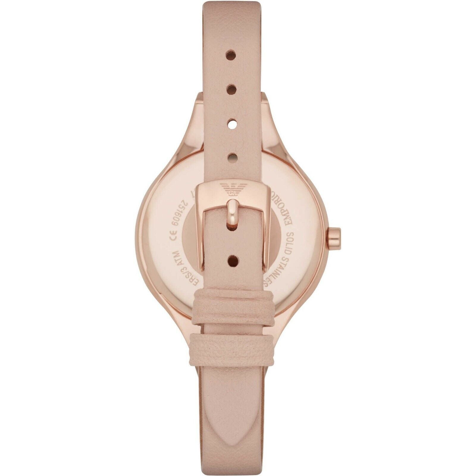 Angled view of Emporio Armani Chiara watch case and leather strap