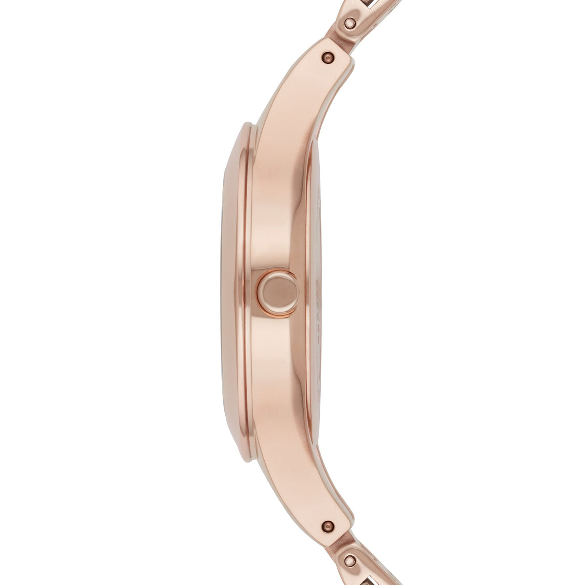 Side profile of Emporio Armani Chiara watch showing rose gold case thickness