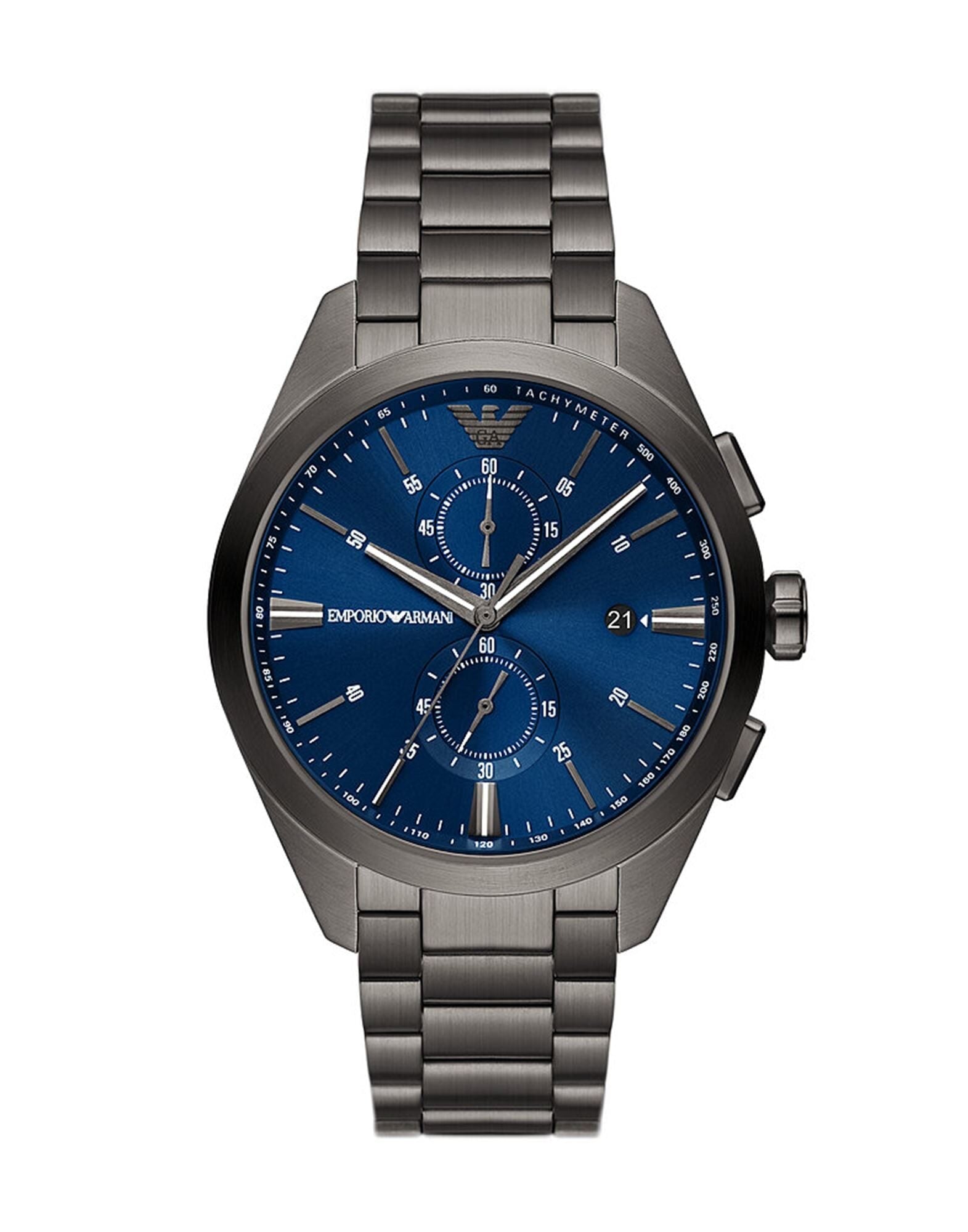 Emporio Armani Claudio chronograph watch with blue dial and gunmetal case