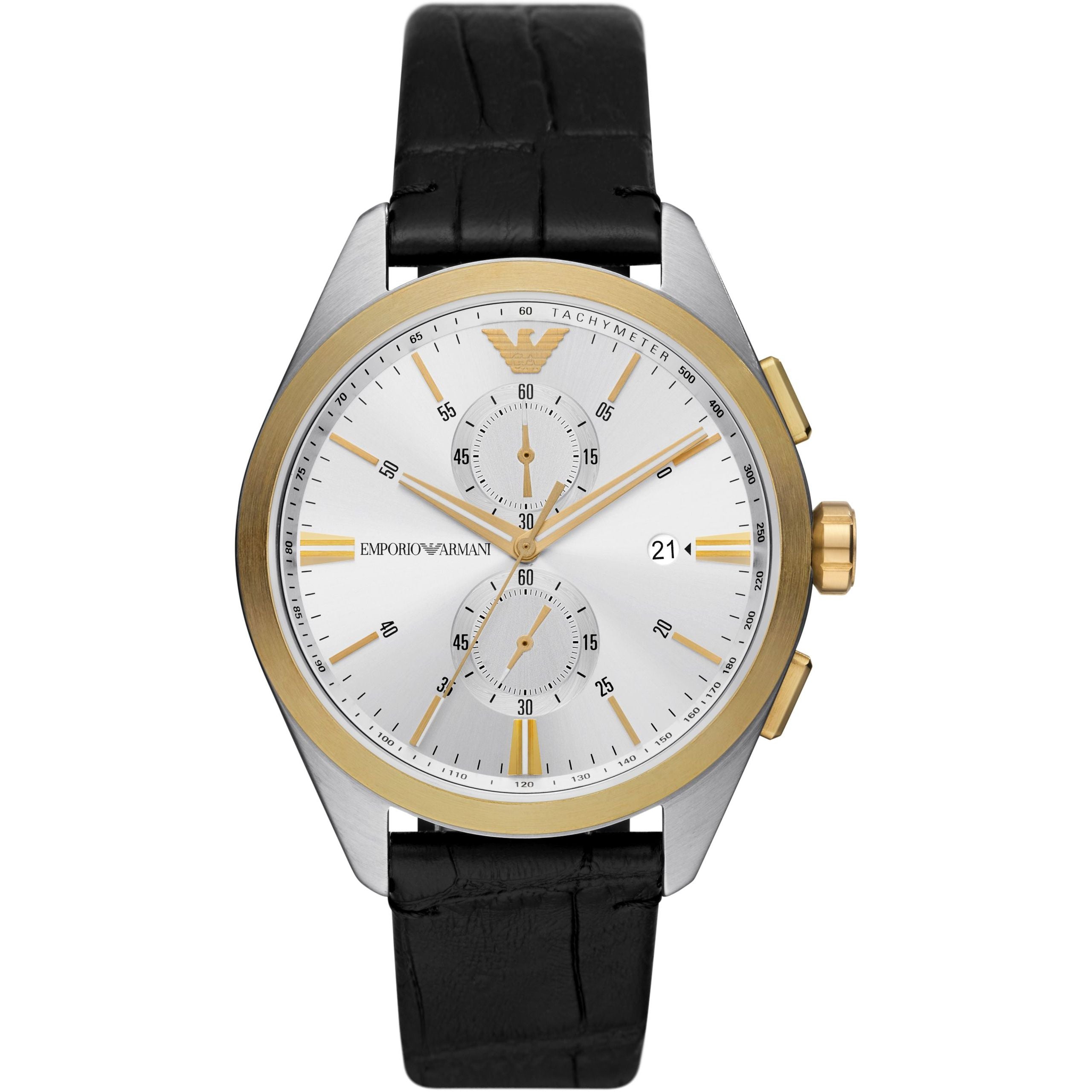 Emporio Armani Claudio chronograph watch with two-tone case, white dial, and black leather strap