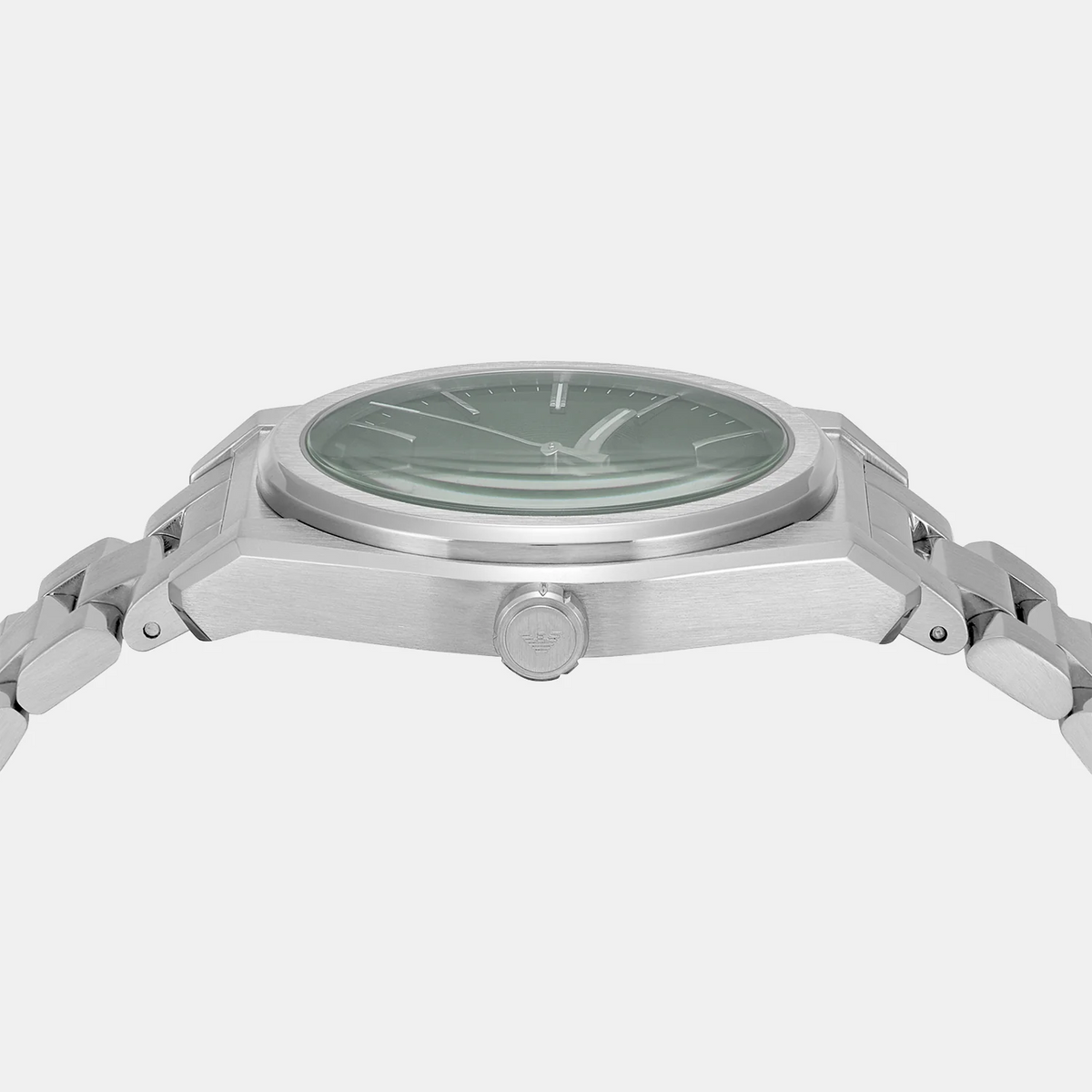 Angled view of Emporio Armani Frederico watch with green dial and silver steel bracelet