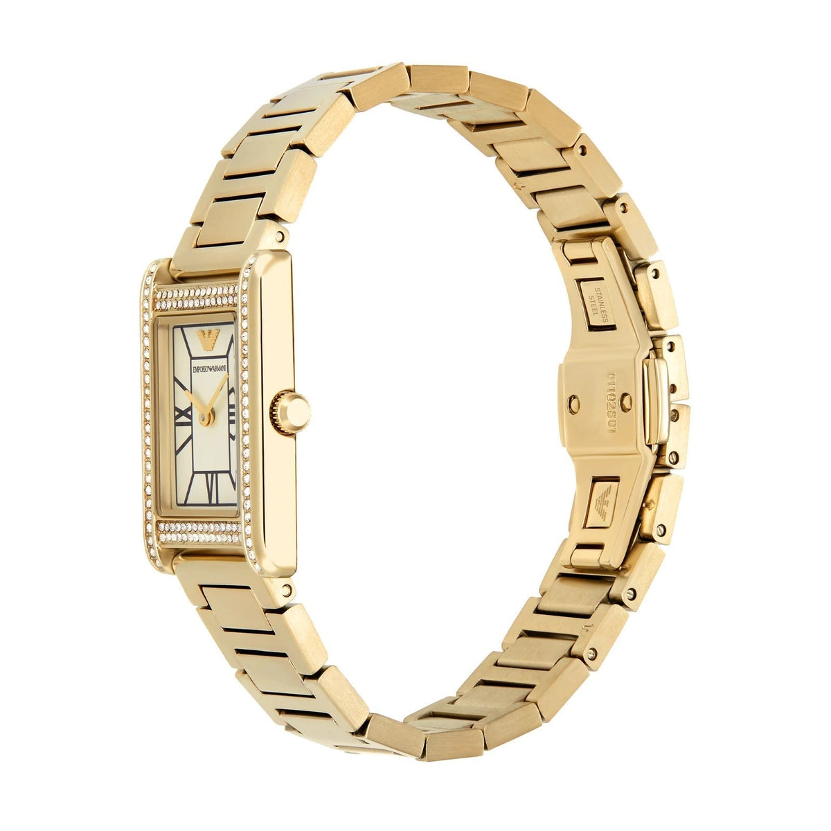 Side angle view of Emporio Armani Genni AR11659 watch showing rectangular case with gold steel bracelet