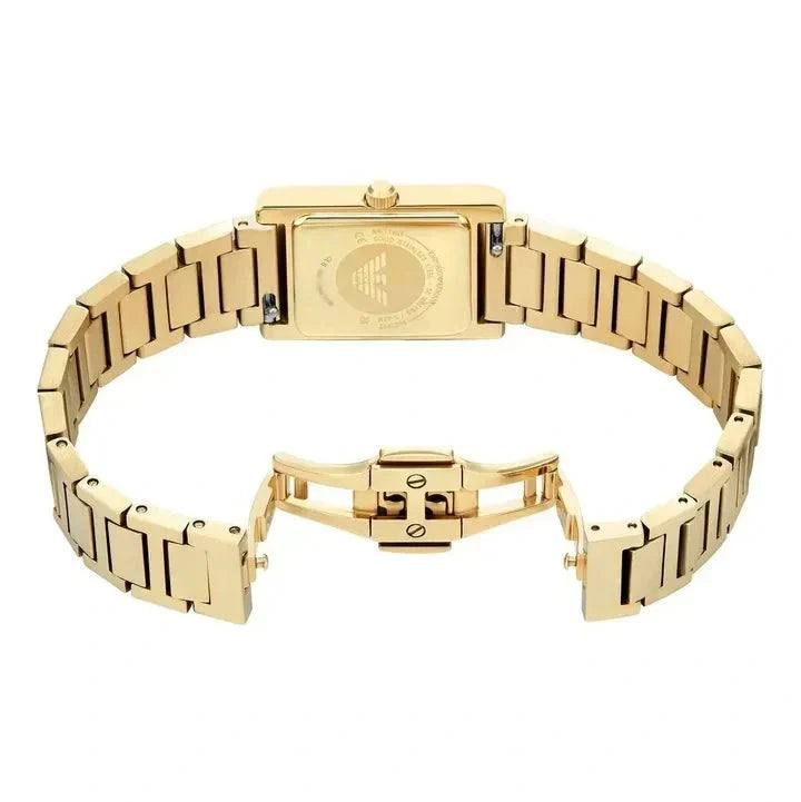 Caseback view of Emporio Armani Genni AR11659 showing gold steel case with Emporio Armani logo and bracelet