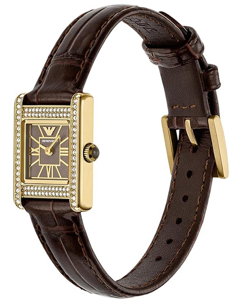 Emporio Armani Genni AR11705 angled view showing gold case with crystal bezel and brown crocodile leather strap
