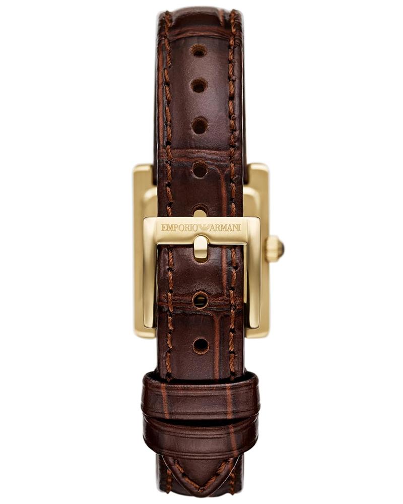 Emporio Armani Genni AR11705 case back showing Emporio Armani engraving, crown, and brown crocodile leather strap