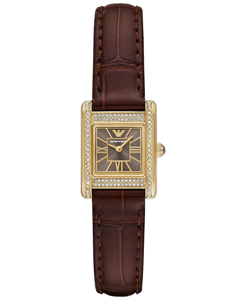 Emporio Armani Genni AR11705 women's watch with gold case, crystal bezel, and brown leather strap