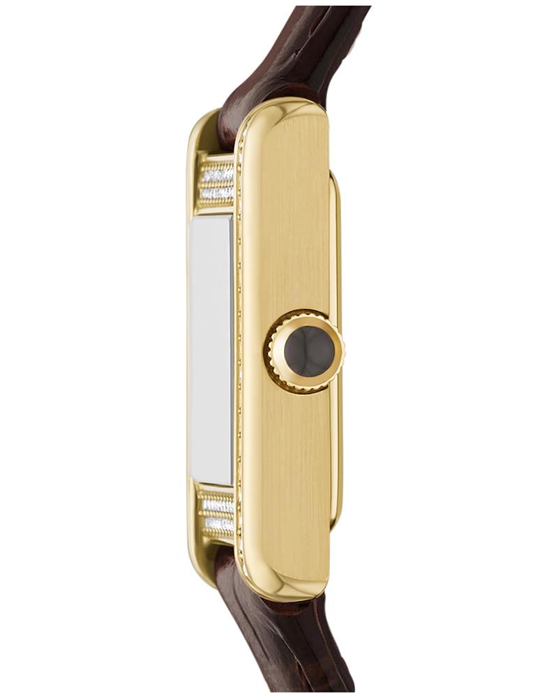 Emporio Armani Genni AR11705 side view displaying gold-tone case with push-button clasp and brown strap