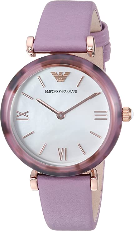 Emporio Armani Gianni watch with mother of pearl dial on purple leather strap, worn on wrist