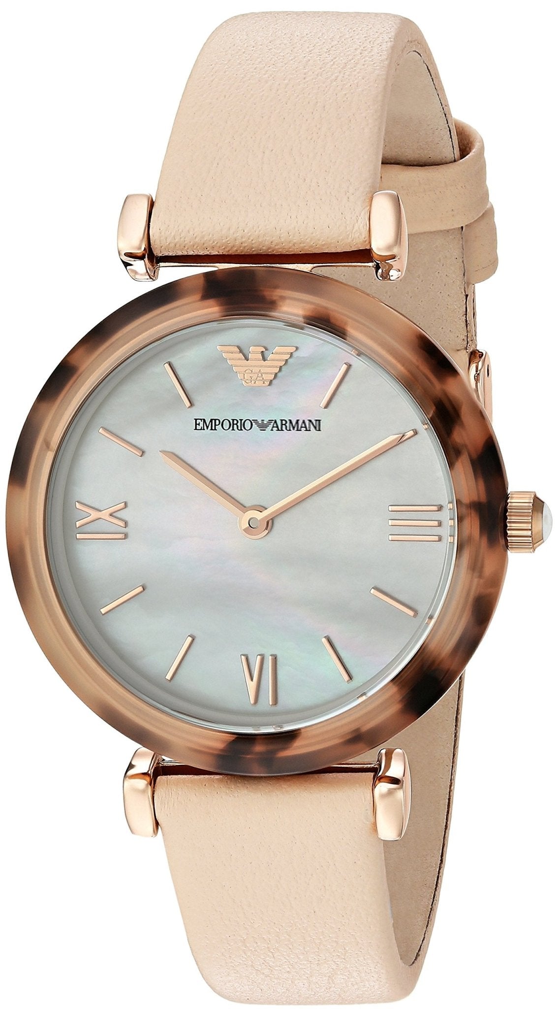 Emporio Armani Gianni watch showing mother-of-pearl dial with Roman numerals